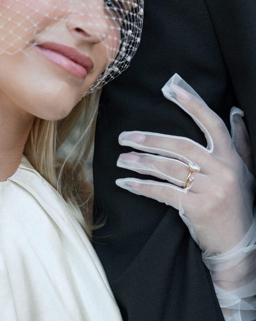 Close up of bridal details and ring.