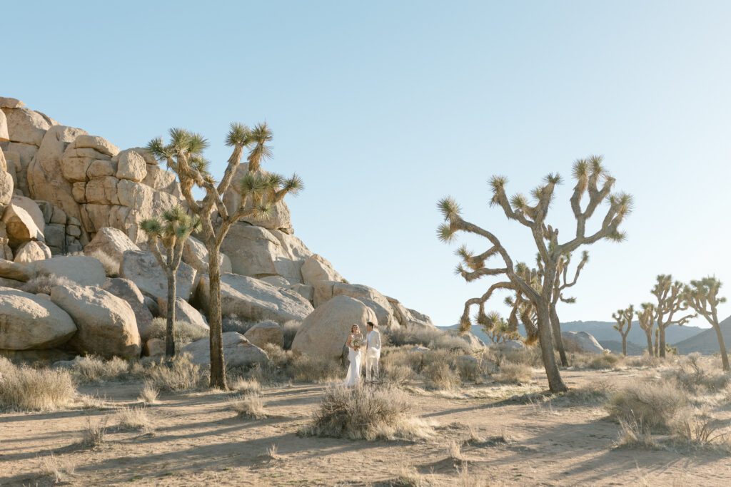 Dreamy desert elopement with bride and groom in Joshua Tree by Mariah Jones Photo wedding dress neutral florals documentary