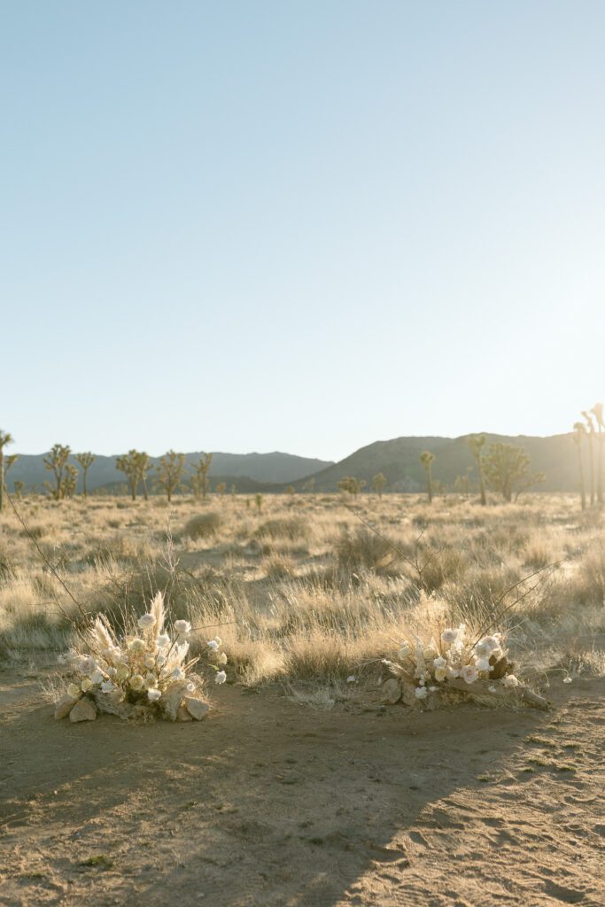 Dreamy desert elopement with bride and groom in Joshua Tree by Mariah Jones Photo wedding dress neutral florals documentary