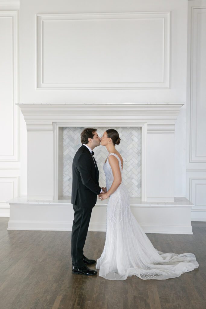 bride and groom first look at their st. james 1868 wedding