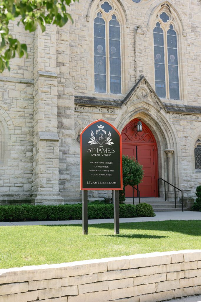 exterior shot of the St. James Event Venue and signage in Milwaukee, Wisconsin