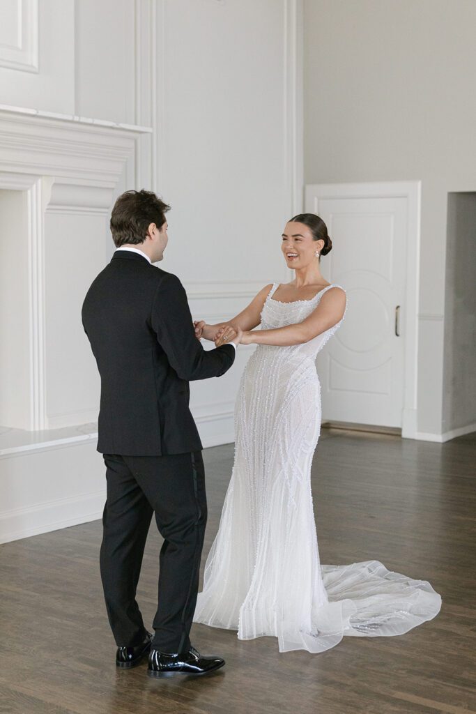 bride and groom first look at their st. james 1868 wedding