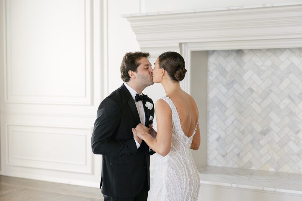 bride and groom first look at their st. james 1868 wedding