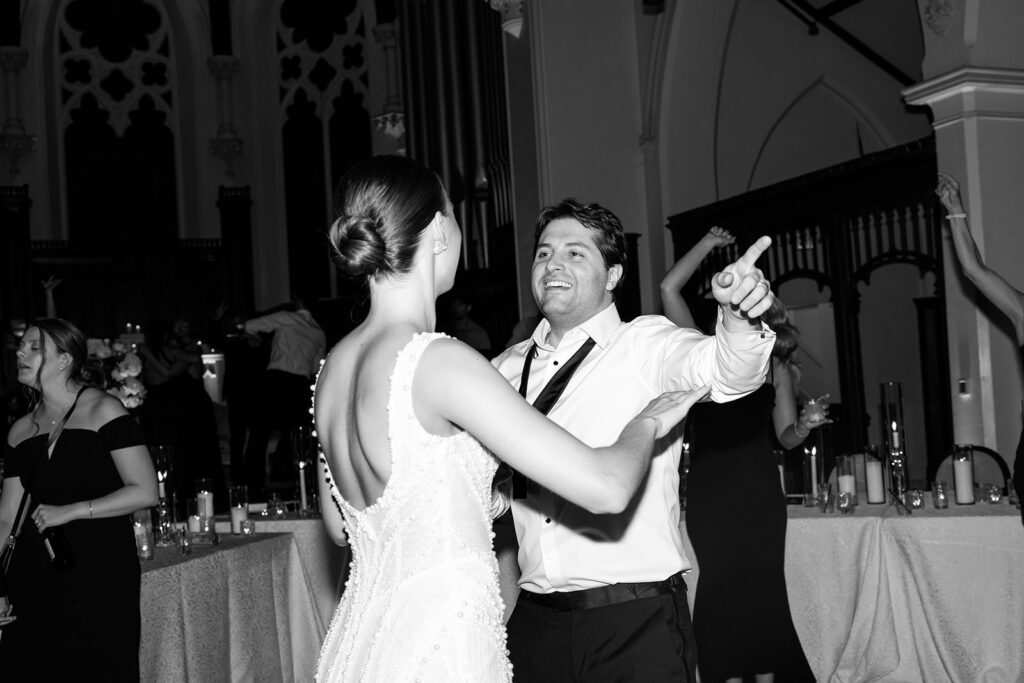 bride and groom dancing at their reception at st. james 1868 wedding