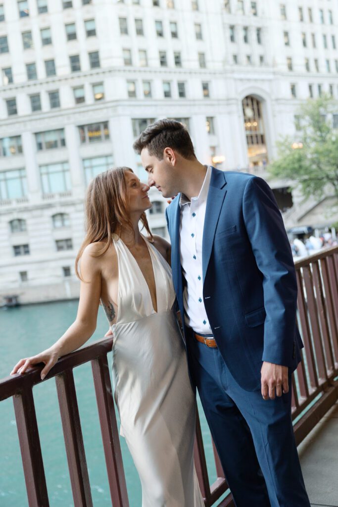 Couple staring into each other eyes at their engagement session in Chicago.