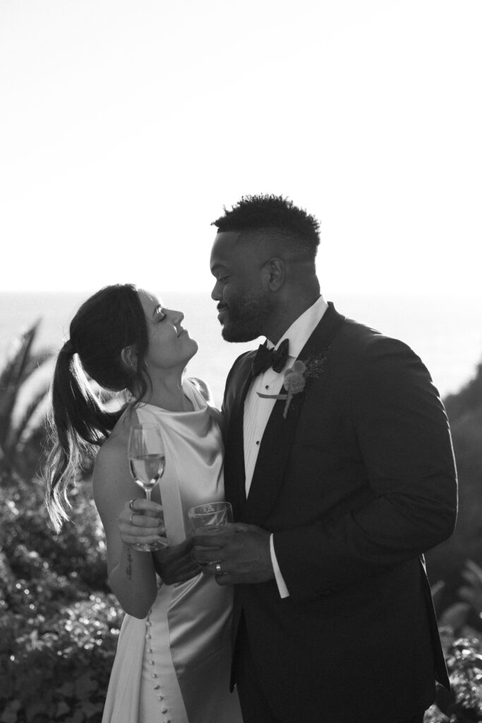 Black and white portrait of the bride and groom at their Bel Air Bay Club wedding in California.