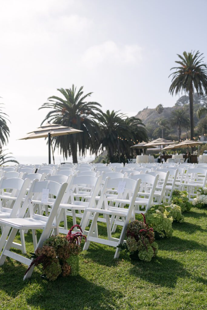 Wedding ceremony set up on the lawn at Bel Air Bay Club.