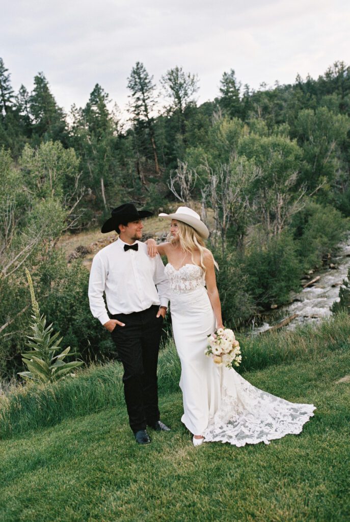 Romantic golden hour couple portrait during Mt. Princeton Hot Springs wedding