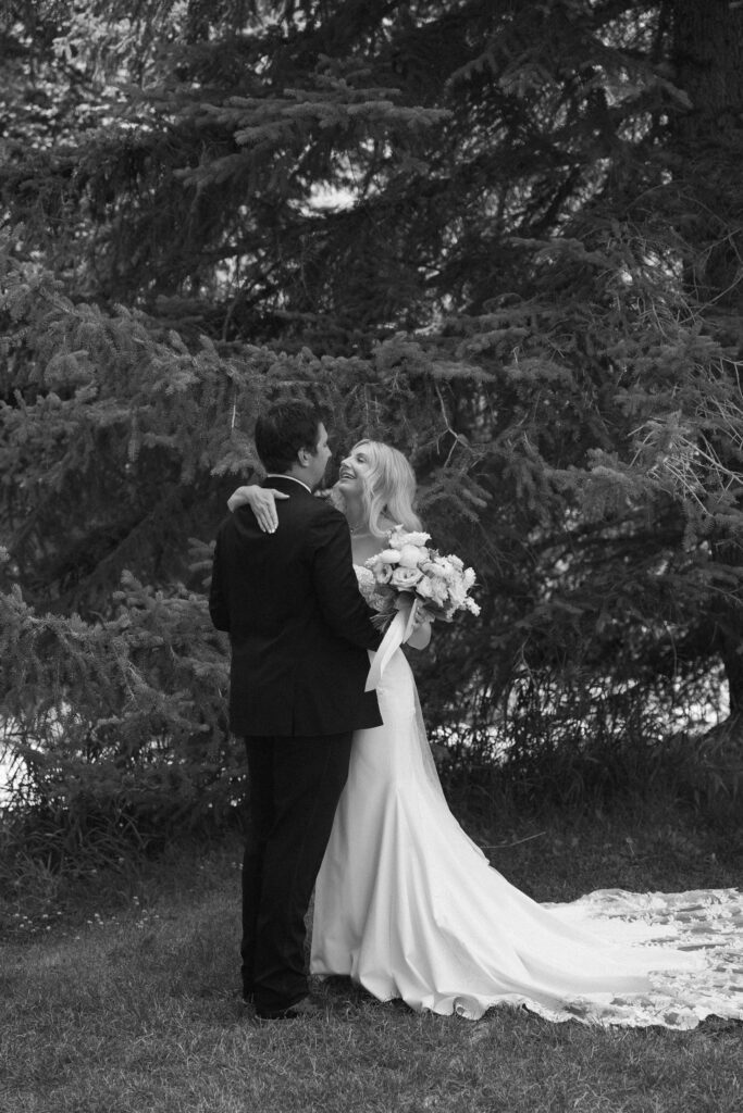 Couple embracing after first look during Mt. Princeton Hot Springs wedding